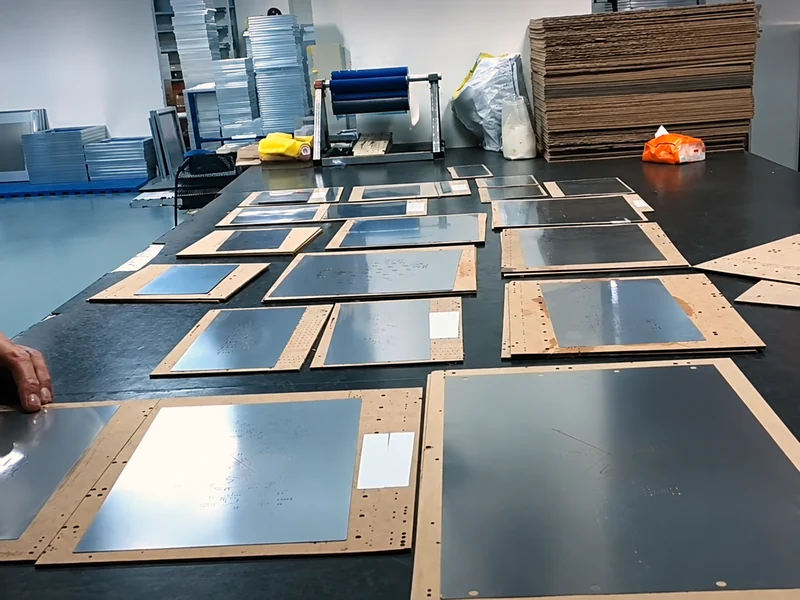 Frameless stencils laid out on the packing bench with their cartons, ready to be boxed