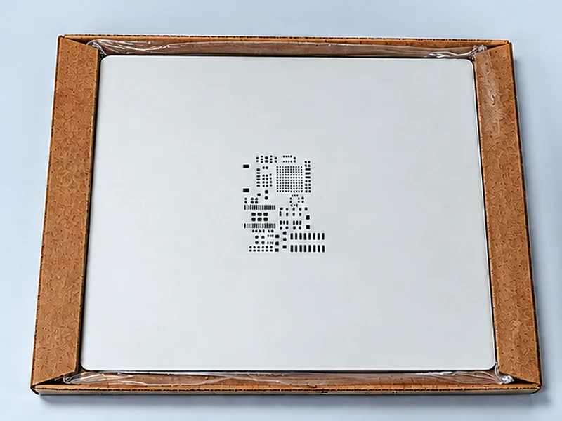 Opened carton showing the framed stencil as the customer receives it