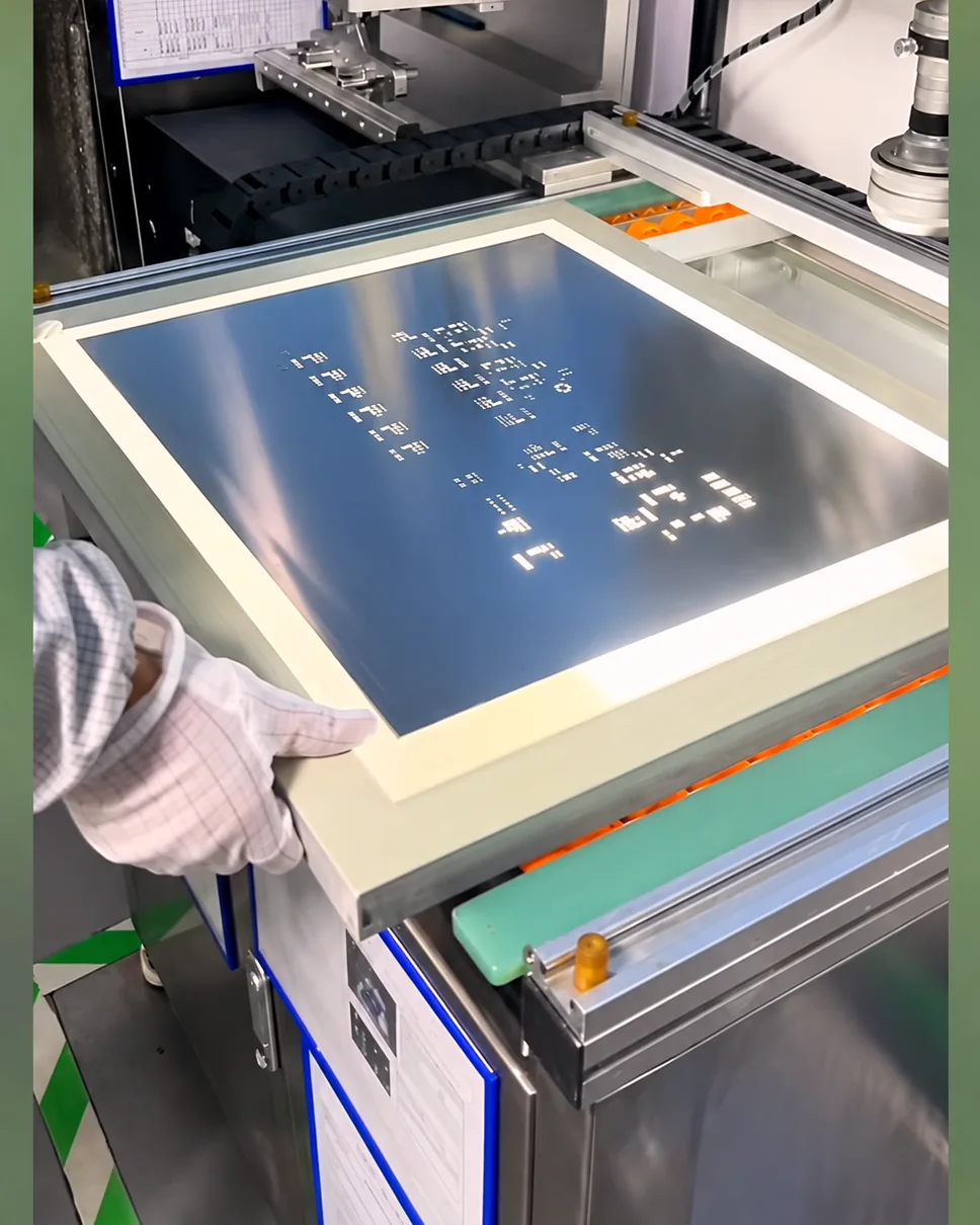 A gloved hand placing a framed stainless steel stencil onto the printing table