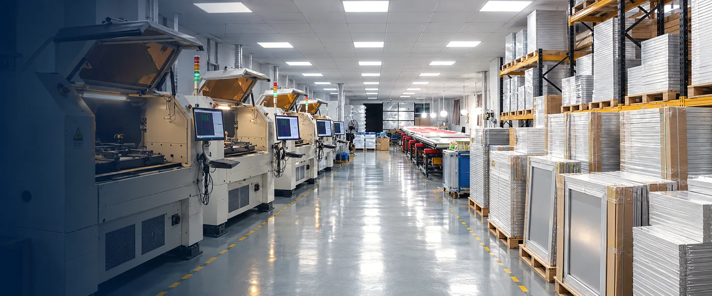 Rows of laser cutting machines and finished stencil racks on the HanKe workshop floor